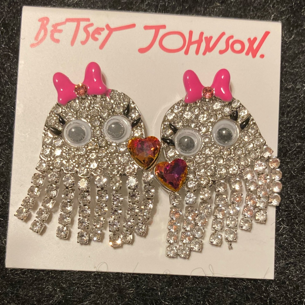 BETSEY JOHNSON Halloween Crystal Friendly Girl Ghost with Pink Bow Earrings NWT